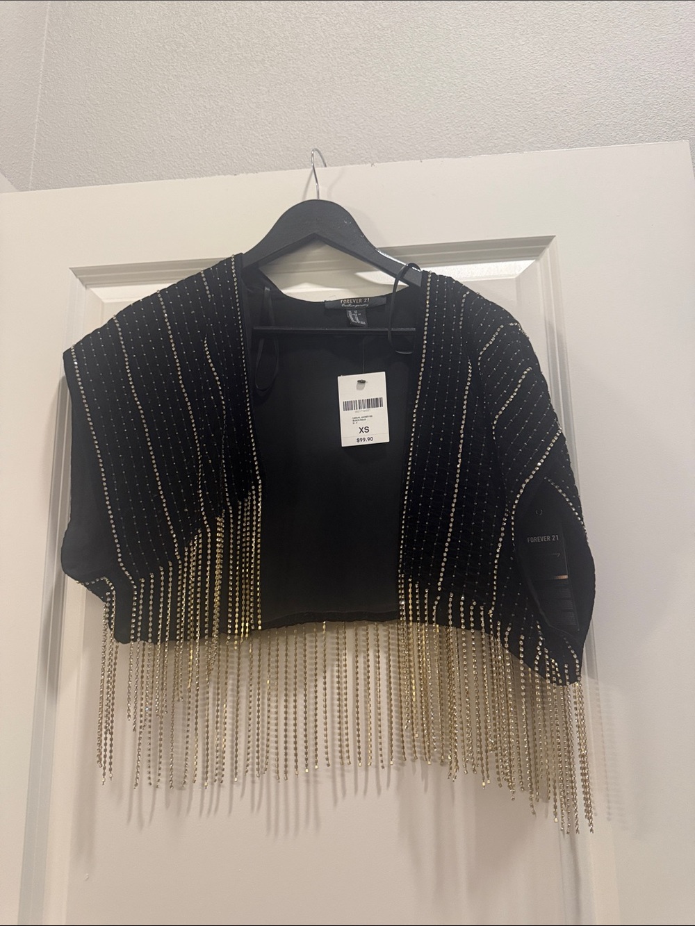 Forever 21 Black Cropped Beaded Fringe Shrug with Gold Accents